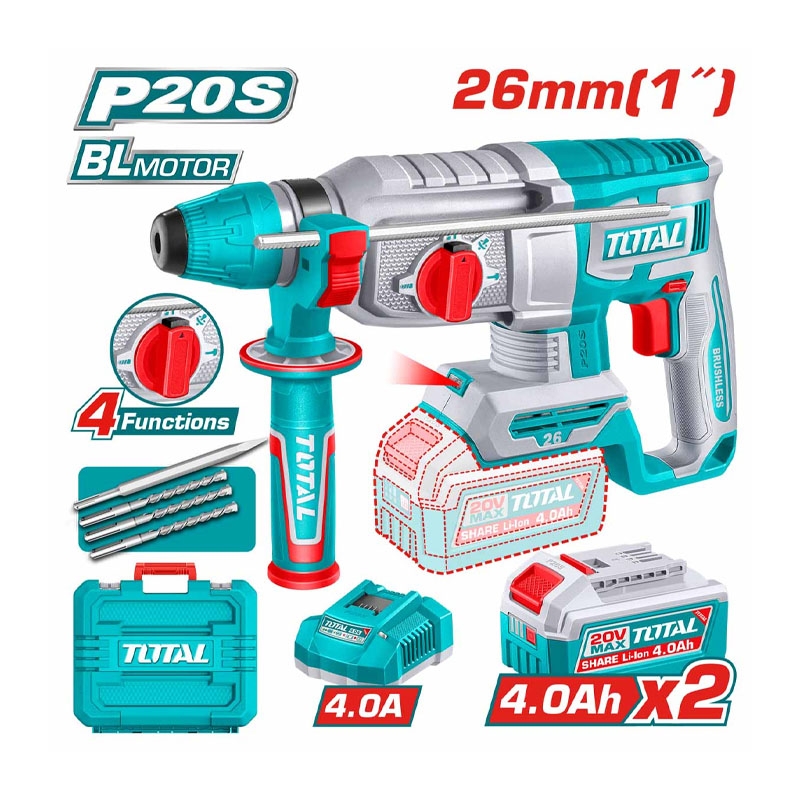 Máy khoan bê tông dùng pin 20V Total TRHLI262085 (2 Pin 4.0Ah, 1 Sạc)