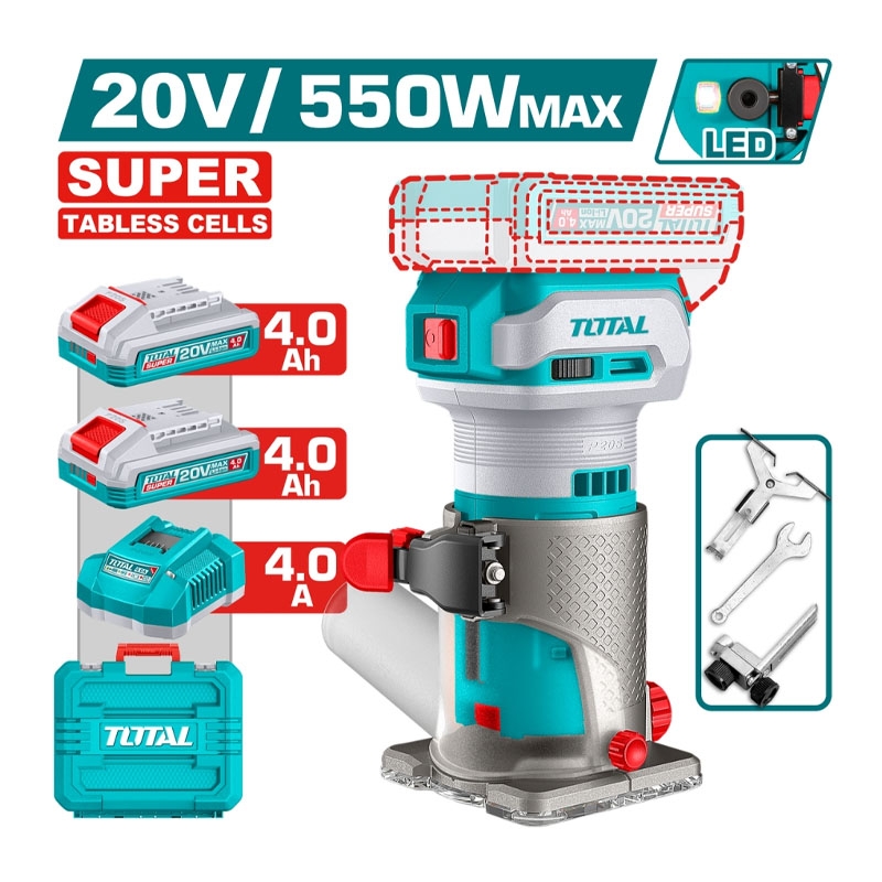 Máy phay gỗ dùng pin 20V Total TCRLI34031 (2 Pin 4.0Ah, 1 Sạc)