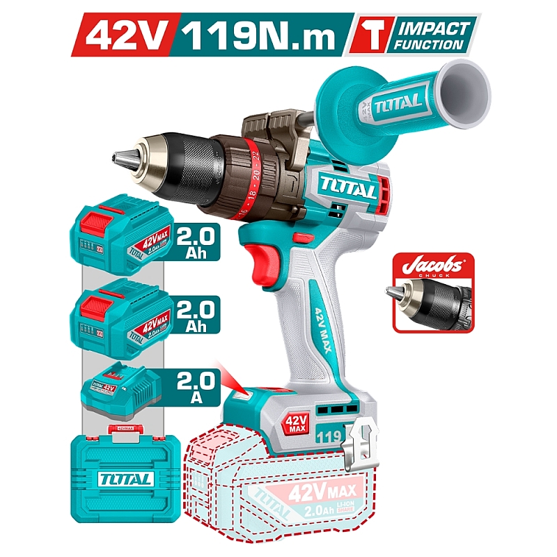 Máy Khoan Động Lực Dùng Pin 42V Total TIDLI4211982 (2 Pin 2.0Ah, 1 Sạc)
