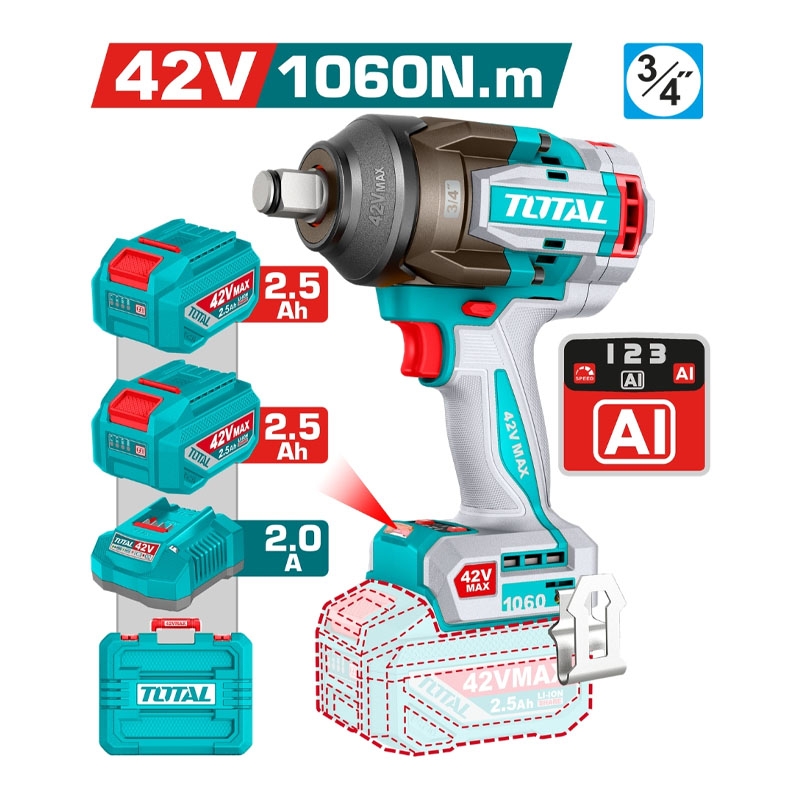 Máy Siết Bu Lông Pin 42V Total TIWLI421062 1060Nm 3/4" (2 Pin 2.5Ah, 1 Sạc)