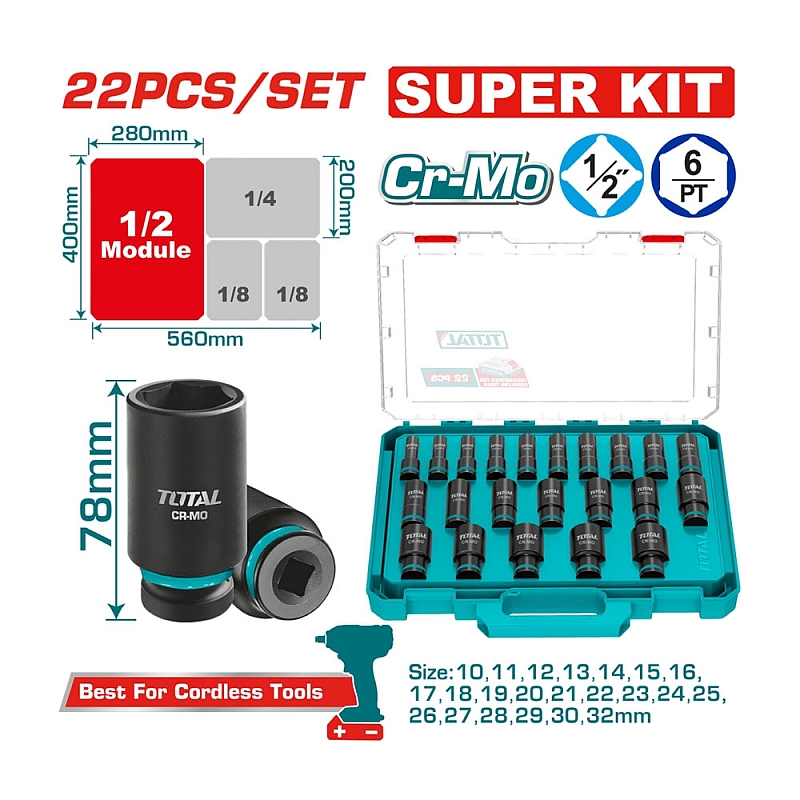 Bộ 22 Đầu Tuýp Sâu 1/2" Total THKISD12226L (Cr-Mo 78mm)
