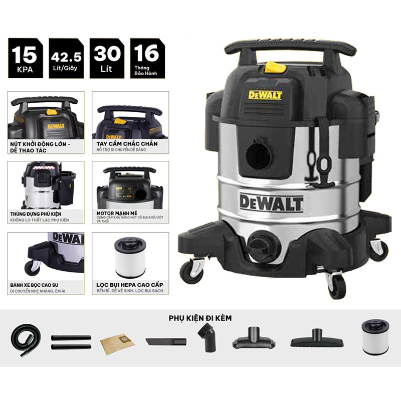Máy hút bụi khô và ướt 1150W Dewalt DXV30SC (30 Lít)