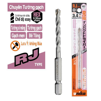 Mũi khoan tường chuôi lục giác 3.4x90mm Unika RJ3.4x90
