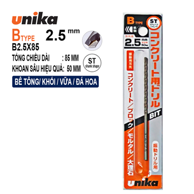 Mũi khoan bê tông, gạch men Unika B2.5x85