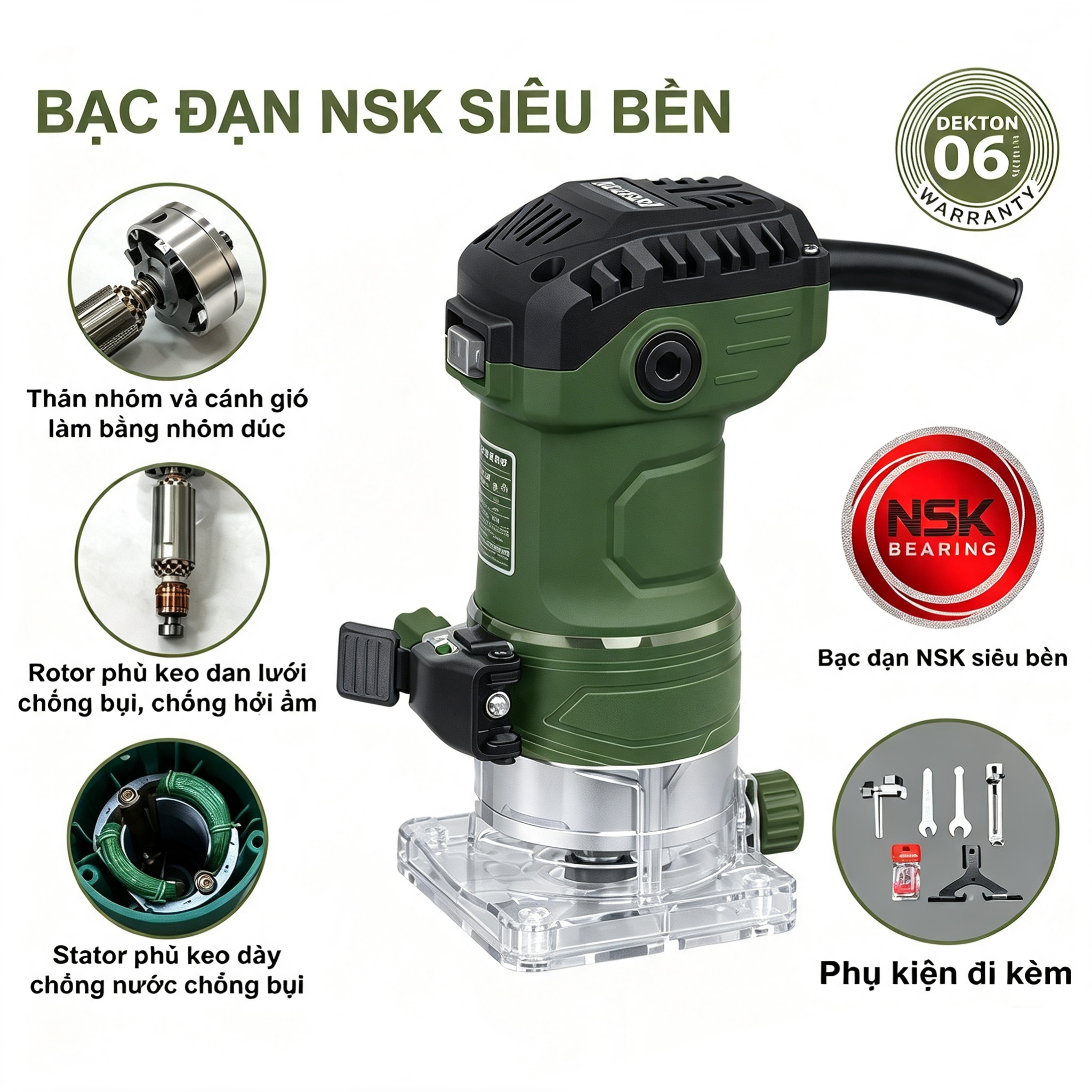 Máy Phay Gỗ Cầm Tay 580W Dekton DK-635XM ( Màu oliu )