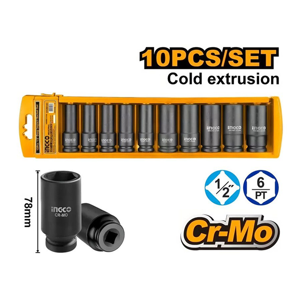 Bộ 10 đầu tuýp INGCO thép Cr-Mo 1/2″ HKISSD12102L