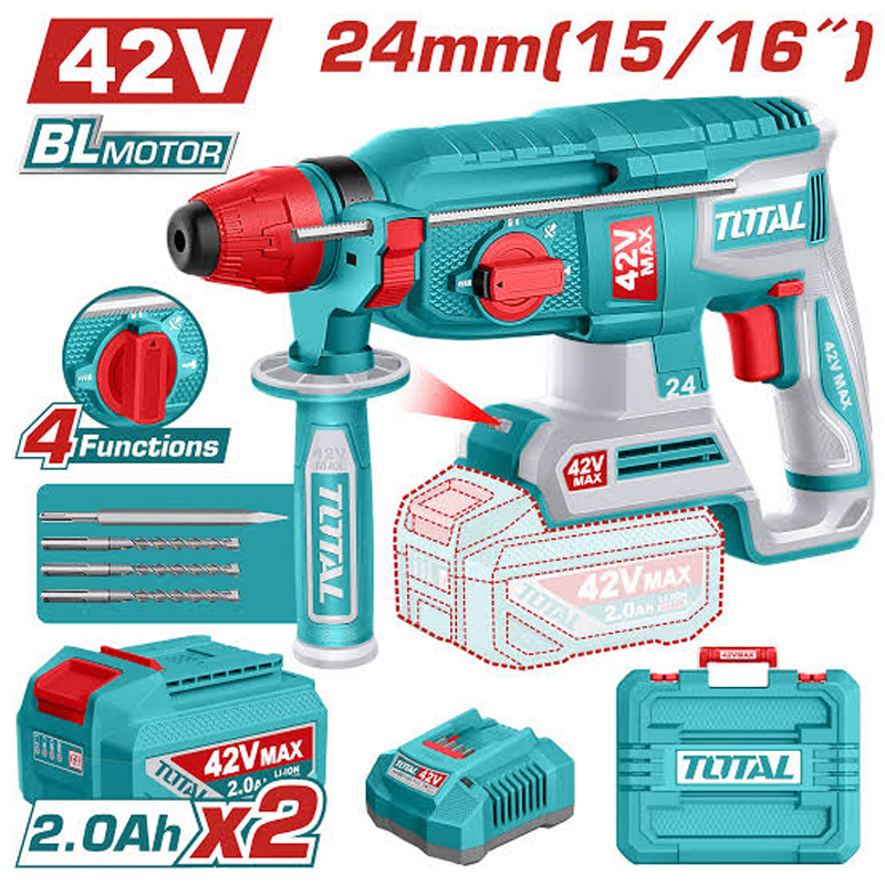 Máy khoan bê tông 24mm dùng pin 42V Total TRHLI422482 (2 Pin 2.0Ah, 1 Sạc)