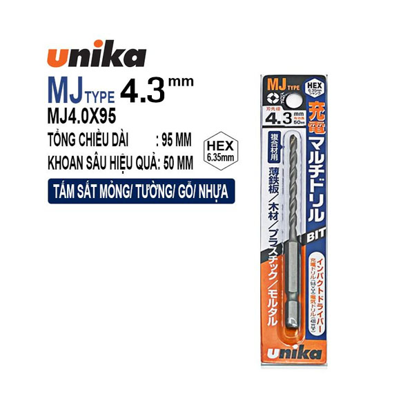 Mũi khoan đa năng 4.3x95mm chuôi lục giác Unika MJ4.3x95