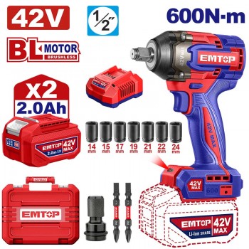 Máy siết bu lông dùng pin 42V Emtop ECIWL42602 (2 Pin 2.0Ah, 1 Sạc)