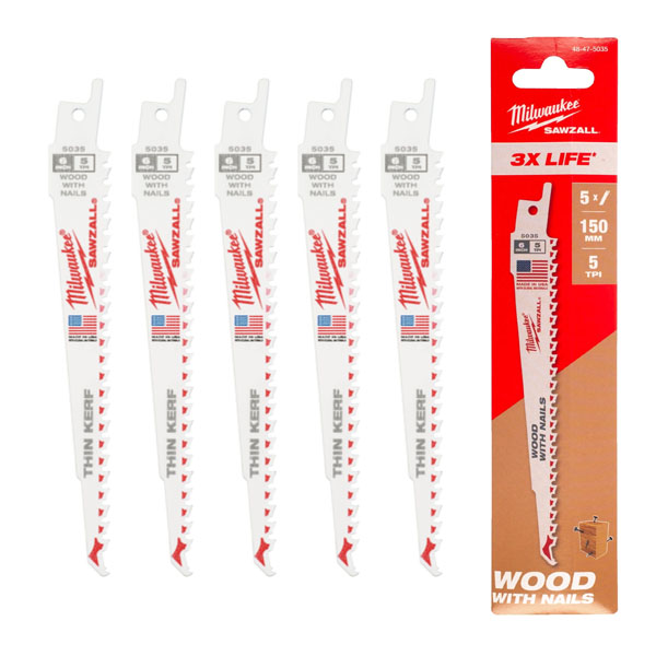 Bộ 5 lưỡi cưa kiếm gỗ có đinh 150mm 5 TPI Milwaukee 48-47-5035