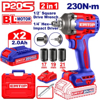 Máy vặn bu lông và vít dùng pin 20V Emtop ECIWL20236 (2 Pin 2.0Ah, 1 Sạc)