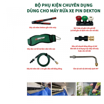 Bộ phụ kiện xịt rửa máy lạnh dùng cho máy rửa xe pin Dekton M21-SRX775PRO, M21-SRX775XPRO & M21-SRX1405PRO, M21-SRX1406PRO.