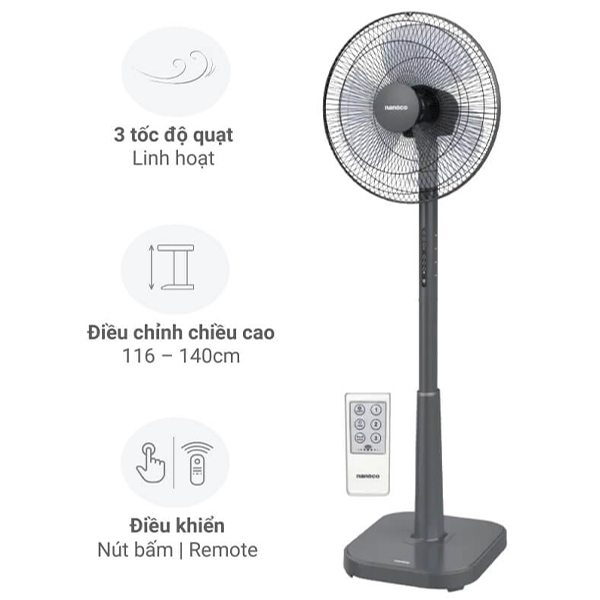 50W Quạt đứng 3 cánh Nanoco NSF1641RC-GR (Màu ghi)