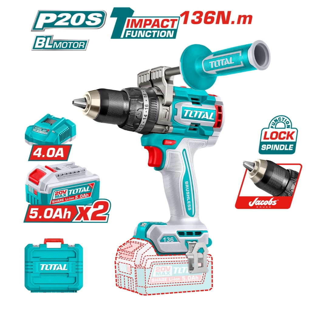Máy khoan động lực dùng pin 20V Total TIDLI201368 (2 Pin 5.0Ah, 1 Sạc)
