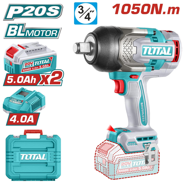 Máy vặn bu lông 1050N.m dùng pin 20V Total TIWLI201056 (2 Pin 5.0Ah, 1 Sạc nhanh)