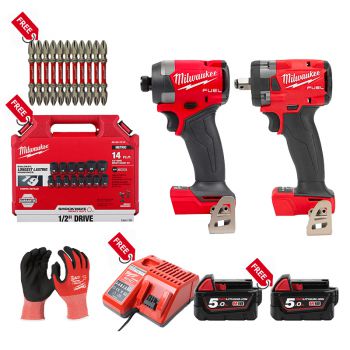 RED Combo 2 Milwaukee - Máy vặn bu lông M18 FIW212 + Máy vặn vít M18 FID3-0X Tặng 2 Pin 18V/5.0Ah + Bộ Sạc M12-18C + Bộ đầu khẩu + Bộ đầu vít + Găng tay