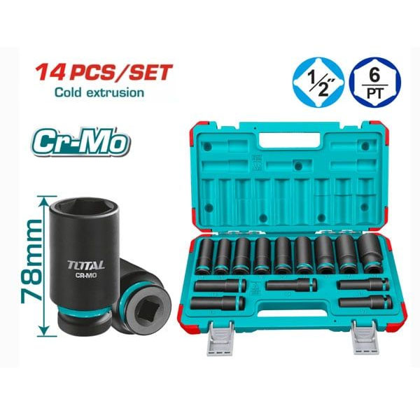 Bộ 14 đầu tuýp dài 78mm Deep impact 1/2" Total THKISD12143L