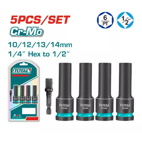 Bộ 4 đầu tuýp và đầu chuyển vít 1/4" sáng vuồng 1/2" Total THKISD12052L (10, 12, 13, 14mm)