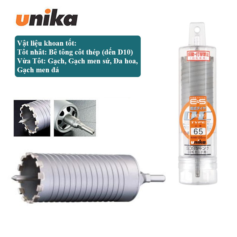 Mũi khoan rút lõi bê tông cốt thép 65x135mm Unika ES-D65ST (Chuôi trụ)