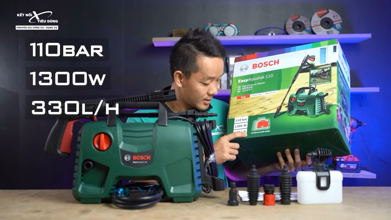 M&aacute;y xịt rửa Bosch AQT 110 trang bị nhiều phụ kiện đi k&egrave;m hỗ trợ tối đa qu&aacute; tr&igrave;nh l&agrave;m sạch bề mặt vật liệu 